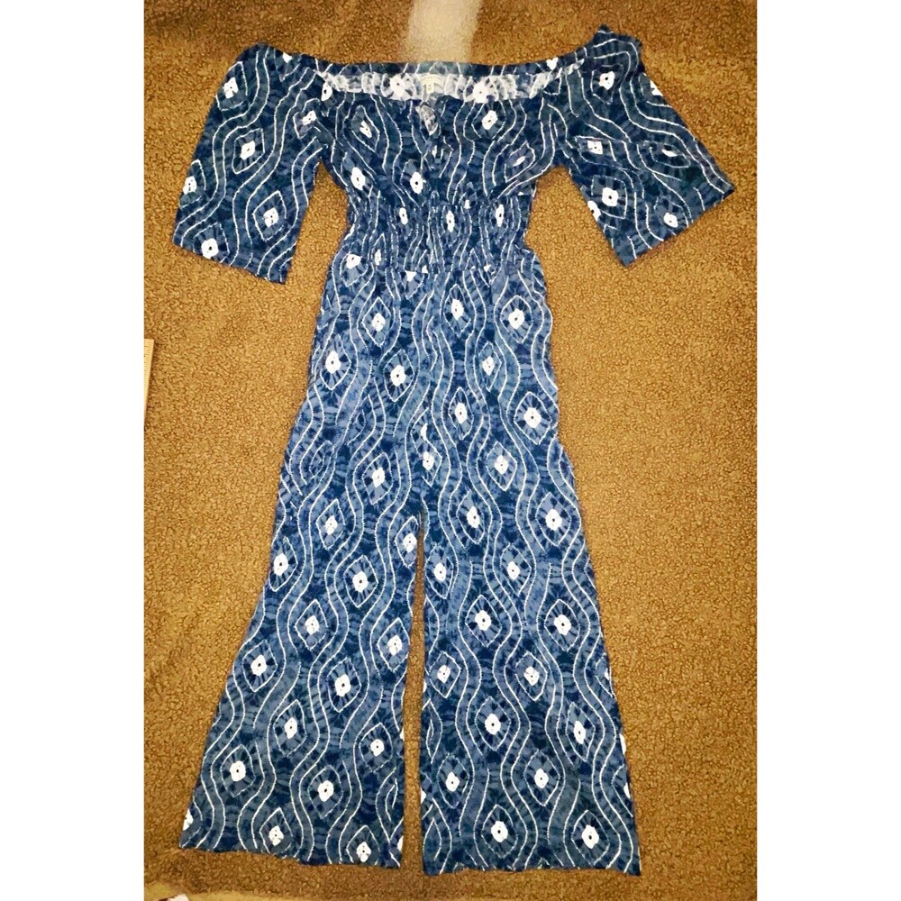 Earthbound Blue White Off-Shoulder Wide-Leg Jumpsuit M Hippie Bohemian Peasant